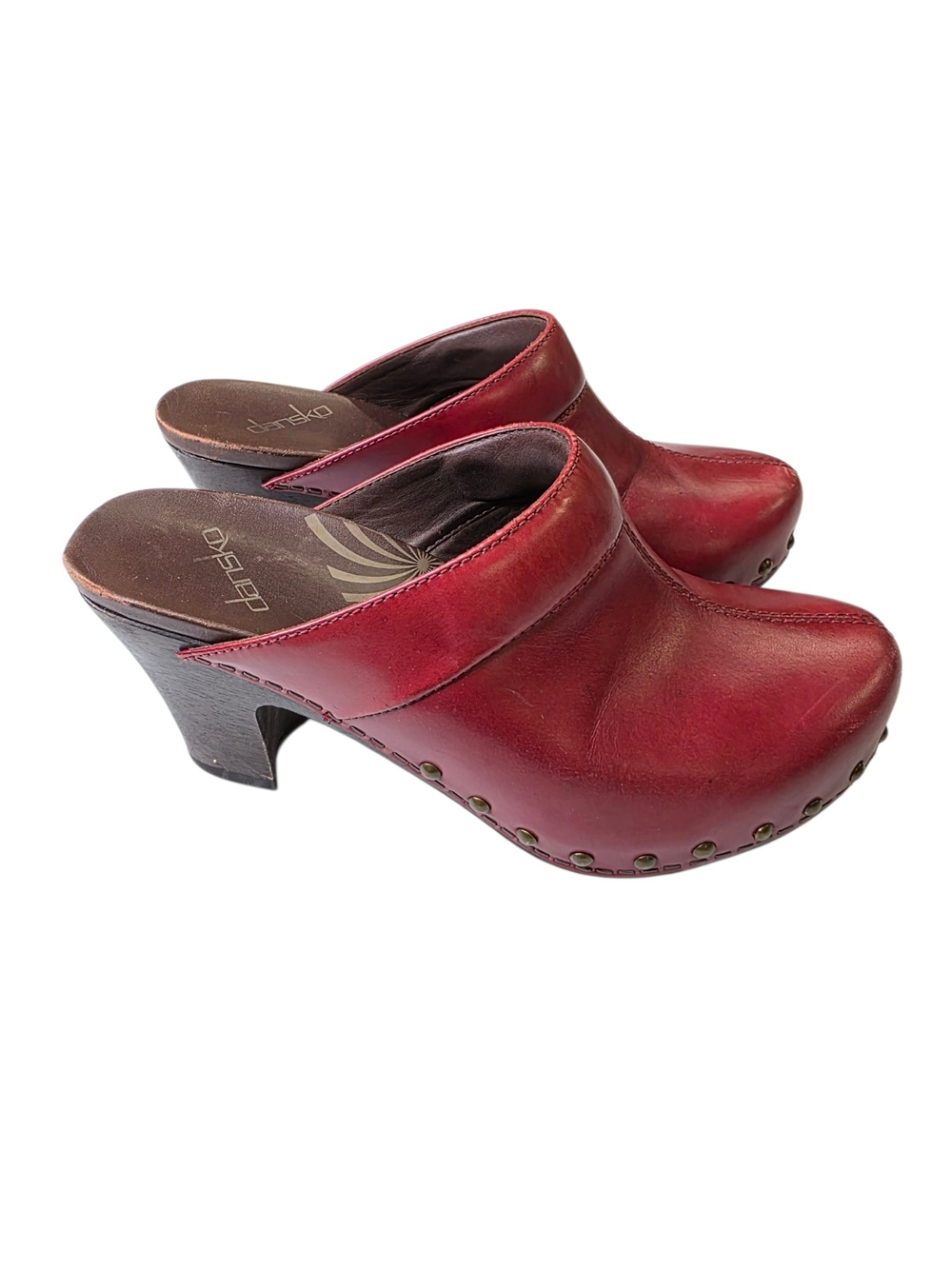 Dansko Red Leather Studded Clog Mules